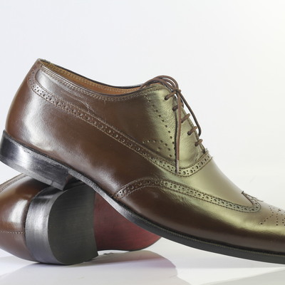 Handmade brown wing tip brogue lace up leather shoes for men's - Thumbnail 1