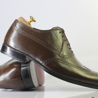 Handmade Brown Wing Tip Brogue Lace Up Leather Shoes For Men's - Thumbnail 1
