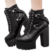 Black Chunky Heel Lace up Boots - Thumbnail 2