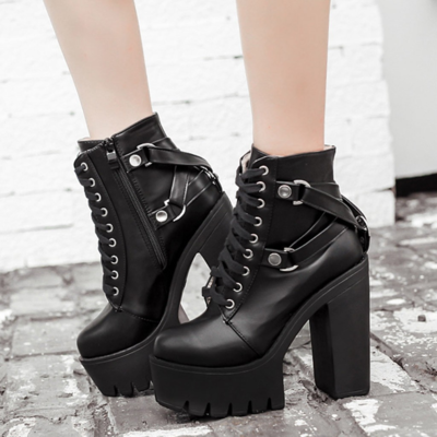 Black chunky heel lace up boots