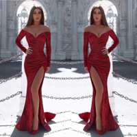 Off Shoulder Long Sleeve V Neck Dress - Thumbnail 1