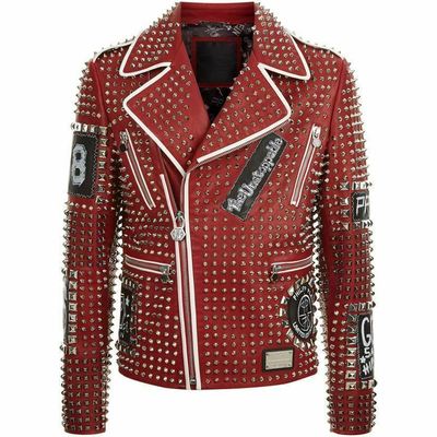 Mens red punk full silver spiked studded embroidery patches cow leather jacket