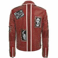 Mens Red Punk Full Silver Spiked Studded Embroidery Patches Cow Leather Jacket - Thumbnail 1
