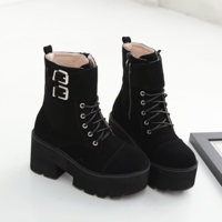 Side Zip up Suede Black High Heels Boots - Thumbnail 1