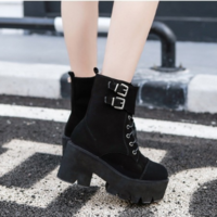 Side Zip up Suede Black High Heels Boots - Thumbnail 2