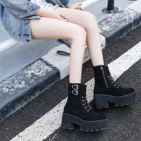 Side Zip up Suede Black High Heels Boots - Thumbnail 3
