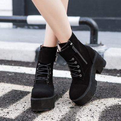 Side Zip up Suede Black High Heels Boots