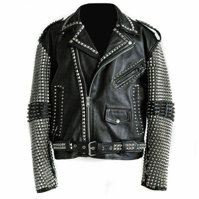 New men's full black punk brando silver studded unique leather biker jacket