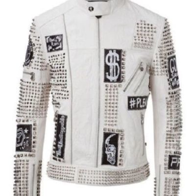 Christmas party men punk full white studded embroidery patches leather jacket