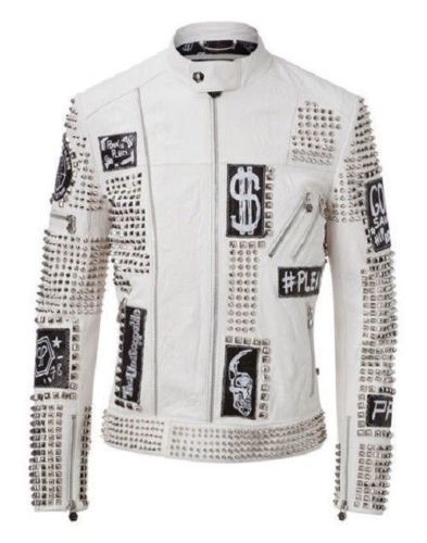 Christmas Party Men Punk Full White Studded Embroidery Patches Leather Jacket