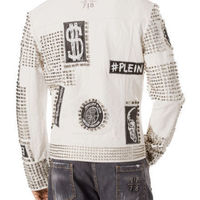 Christmas Party Men Punk Full White Studded Embroidery Patches Leather Jacket - Thumbnail 1
