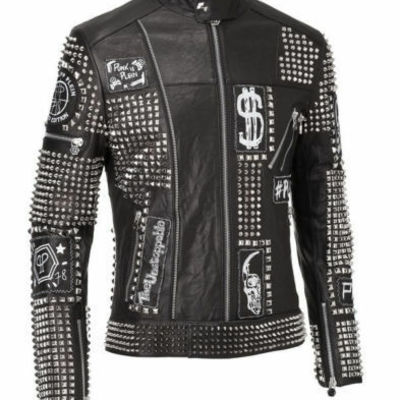 Mens handmade jacket fashion black leather punk plein style studded biker casual