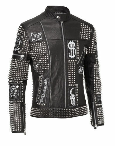 Mens Handmade Jacket Fashion Black Leather Punk Plein Style Studded Biker Casual