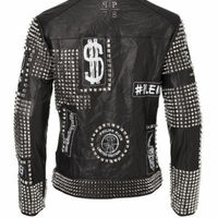 Mens Handmade Jacket Fashion Black Leather Punk Plein Style Studded Biker Casual - Thumbnail 1