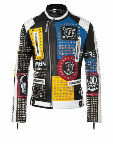  Men's Handmade Jackets Fashion Silver Stud Earrings Multicolor Motorcycle Cowhide