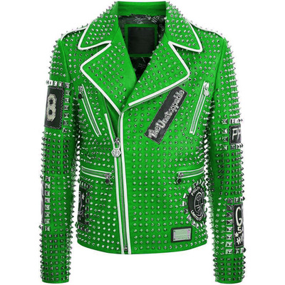 Parrot green genuine real leather jacket full silver studded front zipper & zippered sleeves