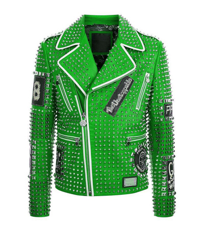 Parrot Green Genuine Real Leather Jacket Full Silver Studded Front Zipper & Zippered Sleeves