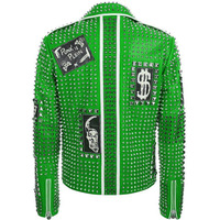 Parrot Green Genuine Real Leather Jacket Full Silver Studded Front Zipper & Zippered Sleeves - Thumbnail 1