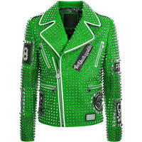 Parrot Green Genuine Real Leather Jacket Full Silver Studded Front Zipper & Zippered Sleeves - Thumbnail 4