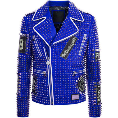 New mens punk biker full blue studded embroidery patches leather jacket