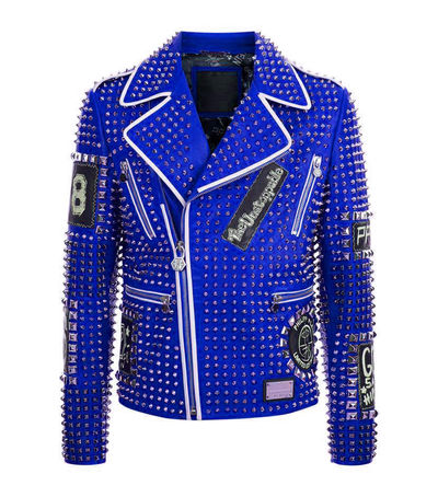 New Mens Punk Biker Full Blue Studded Embroidery Patches Leather Jacket