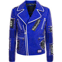 New Mens Punk Biker Full Blue Studded Embroidery Patches Leather Jacket - Thumbnail 4
