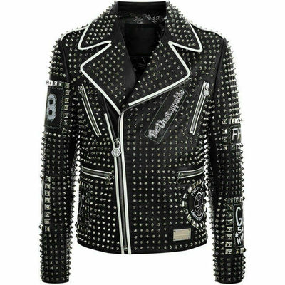 Mens punk biker full black studded embroidery patches leather jacket