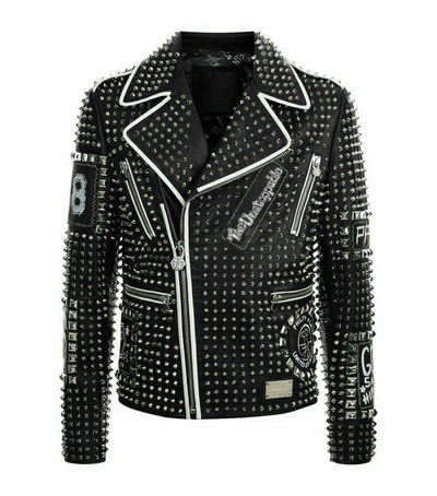 Mens Punk Biker Full Black Studded Embroidery Patches Leather Jacket