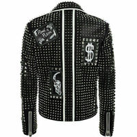 Mens Punk Biker Full Black Studded Embroidery Patches Leather Jacket - Thumbnail 1