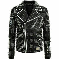 Mens Punk Biker Full Black Studded Embroidery Patches Leather Jacket - Thumbnail 4
