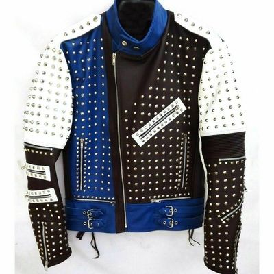 Mens jacket unique design silver studded biker white blue black leather jacket