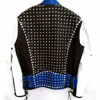 Mens Jacket Unique Design Silver Studded Biker White Blue Black Leather Jacket - Thumbnail 1