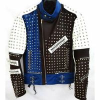 Mens Jacket Unique Design Silver Studded Biker White Blue Black Leather Jacket - Thumbnail 4