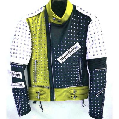 Yellow unique design full studded biker leather jacket black white color mens