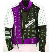 Purple Unique Design Full Studded Biker Leather Jacket Black White Color Mens - Thumbnail 1