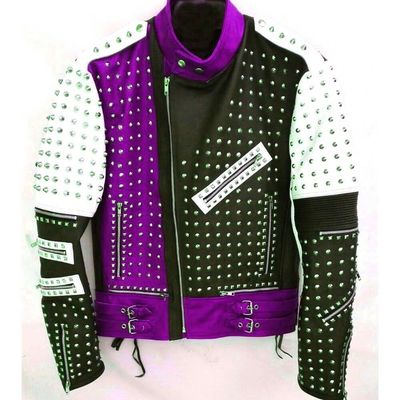 Purple Unique Design Full Studded Biker Leather Jacket Black White Color Mens