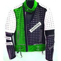 New Unique Design Full Studded Biker Leather Jacket Green Black White Color Mens - Thumbnail 3