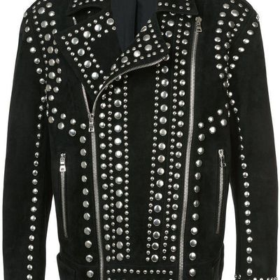 New mens black full silver studded rivets brando zipper suede leather jacket