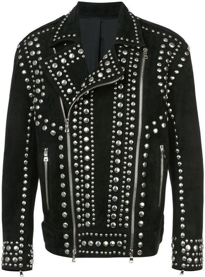 New Mens Black Full Silver Studded Rivets Brando Zipper Suede Leather Jacket