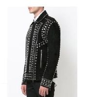 New Mens Black Full Silver Studded Rivets Brando Zipper Suede Leather Jacket - Thumbnail 1