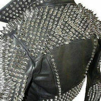 New Mens Full Black Punk Brando Silver Spiked Studded Cowhide Leather Jacket - Thumbnail 2