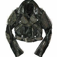 New Mens Full Black Punk Brando Silver Spiked Studded Cowhide Leather Jacket - Thumbnail 4