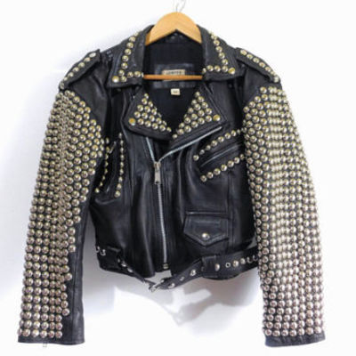 New mens full black brando punk silver spiked studded cowhide leather jacket