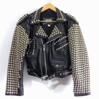 New Mens Full Black Brando Punk Silver Spiked Studded Cowhide Leather Jacket - Thumbnail 4