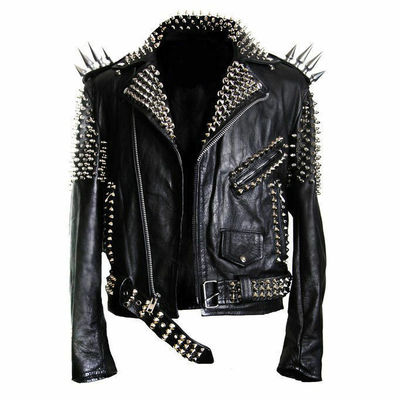New mens full black punk silver long spiked studded cowhide leather jacket