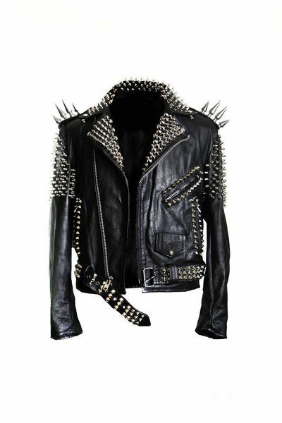 New Mens Full Black Punk Silver Long Spiked Studded Cowhide Leather Jacket