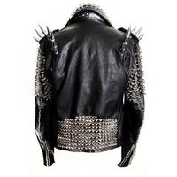 New Mens Full Black Punk Silver Long Spiked Studded Cowhide Leather Jacket - Thumbnail 1
