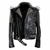 New Mens Full Black Punk Silver Long Spiked Studded Cowhide Leather Jacket - Thumbnail 4