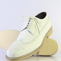 Handmade White Wing Tip Brogue Stylish Lace Up Leather Shoes For Men's - Thumbnail 1
