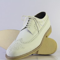 Handmade White Wing Tip Brogue Stylish Lace Up Leather Shoes For Men's - Thumbnail 3